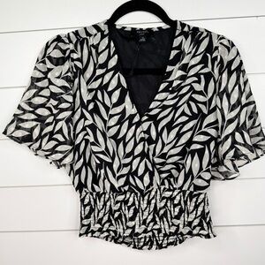 Haver London Blouse Womens S Black & Ivory Leaf Print V-Neck Smocked Waist Top